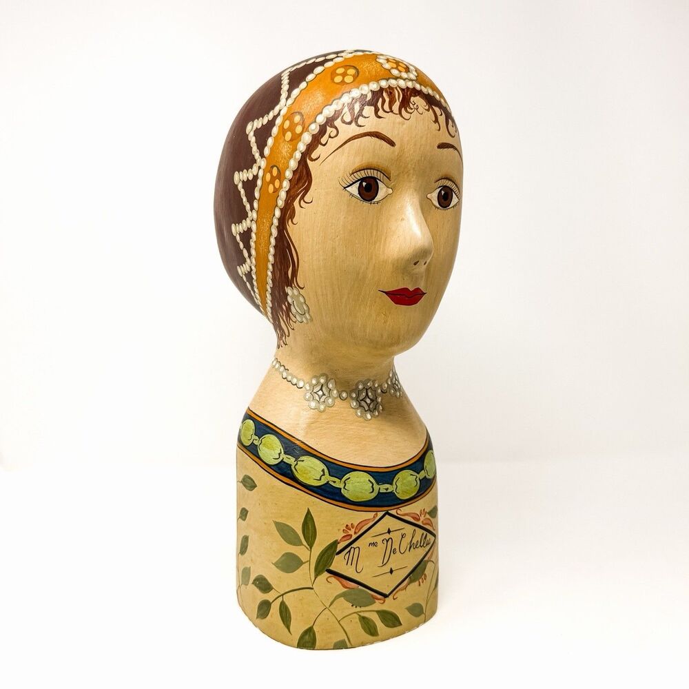 Vintage Mme De Chelles Hand Painted Millinery Hat Wig Display Head Plaster